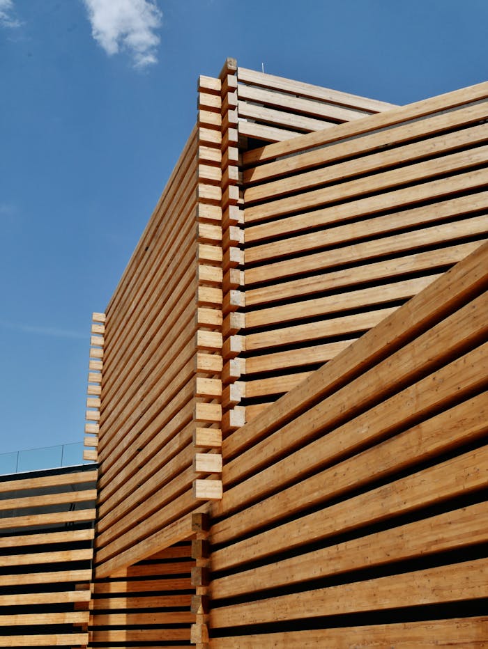 Close-up of a modern wooden structure against a clear blue sky in Eskişehir, Türkiye.